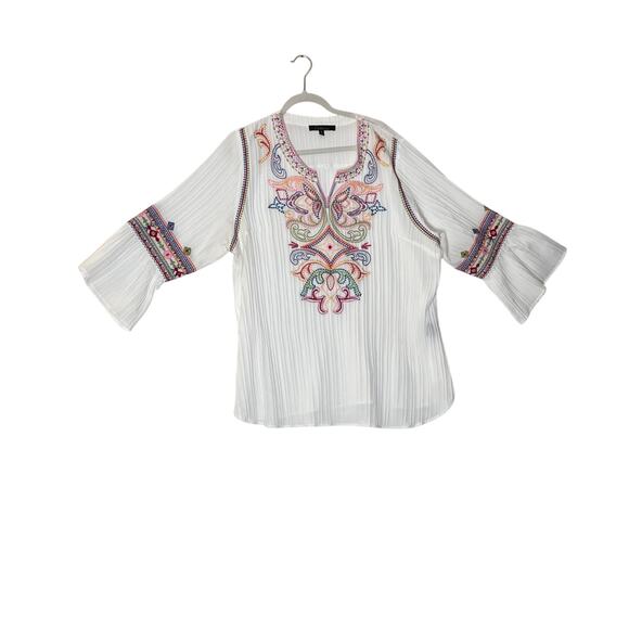 Calessa top size 1X white/multi pleats embroidery bell sleeve boho fairy angel - Picture 1 of 10